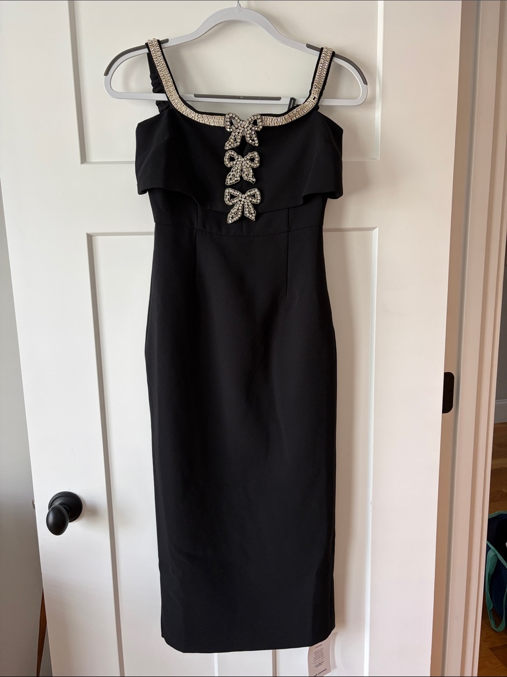 Self-Portrait Black Midi Dress with Crystal Bow Trim